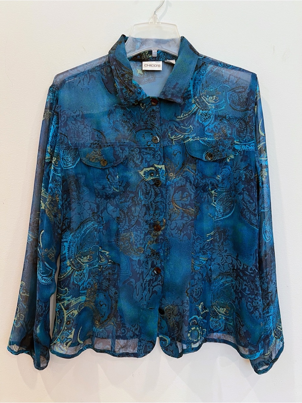Vintage Chicos Top 2 Large Blue Silk Paisley Floral Sheer Long Sleeve Button Up